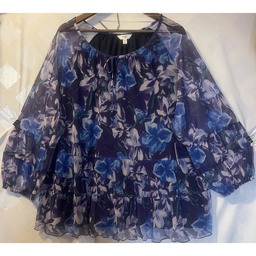 NWT TERRA & SKY  Purple Tulip Floral Mesh Peasant Blouse Long Sleeve Womens 3X